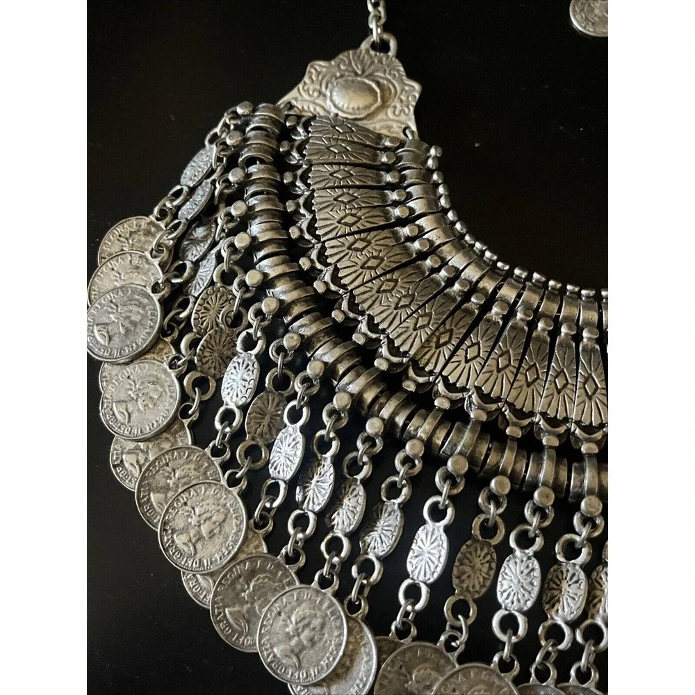 Vintage Metal Afghan Arabic Ship Coin Pendants Choker Necklace Tribal Coin Dance